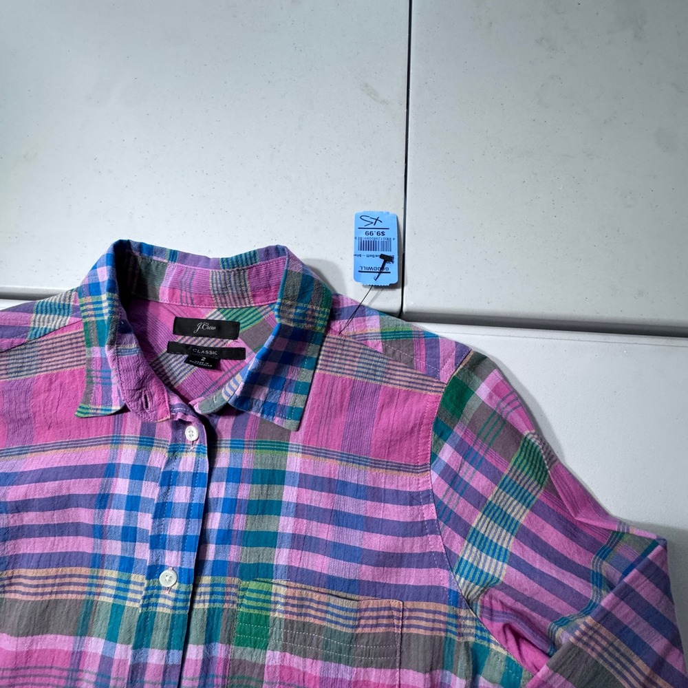 J.Crew Button Down Shirt Womens 2 Pink Madras Plaid Preppy Coastal Classic - Picture 7 of 9